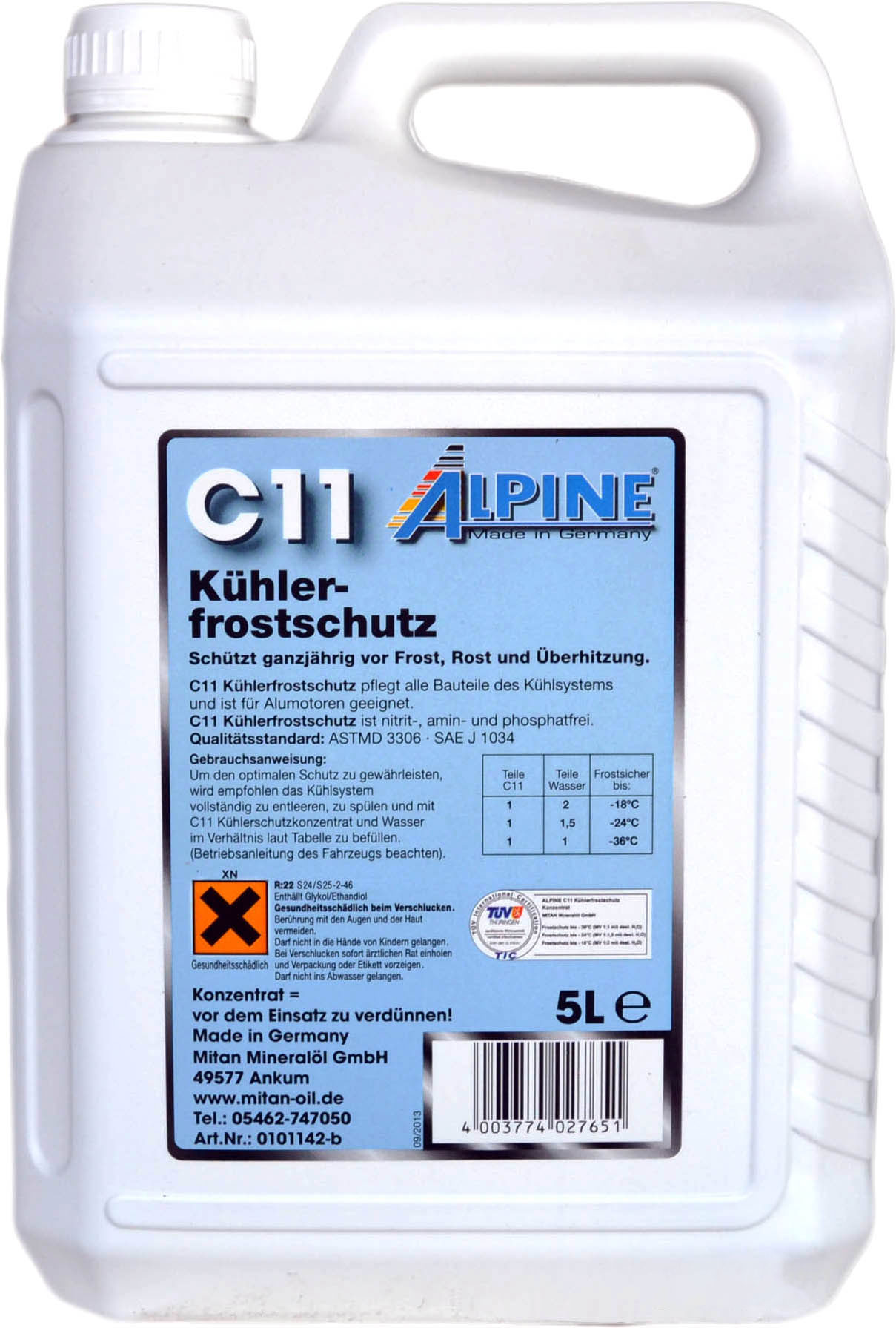 Охолоджувальна рідина ALPINE G11, концентрат, синій, 5 л (4003774027651)